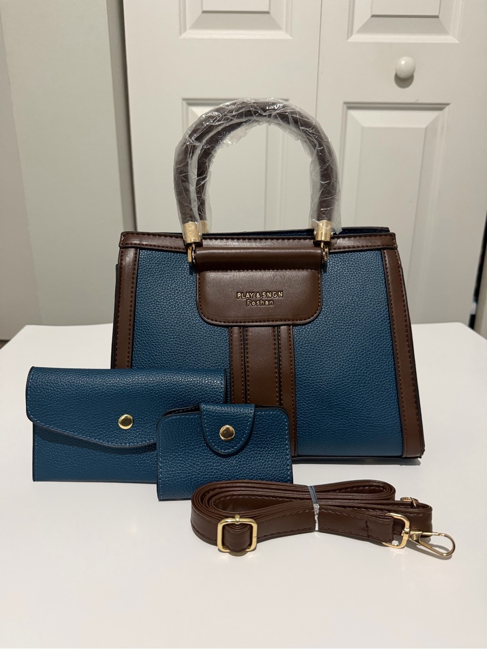PLAY & SNGN Blue and Brown Structured Satchel with Wallet Set